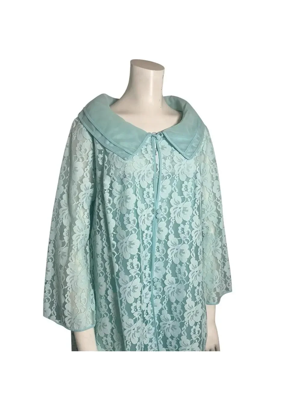 Vintage 1960s Aqua Blue Lace Peignoir Set Robe & Slip Nylon Nightgown LARGE - Picture 2 of 9